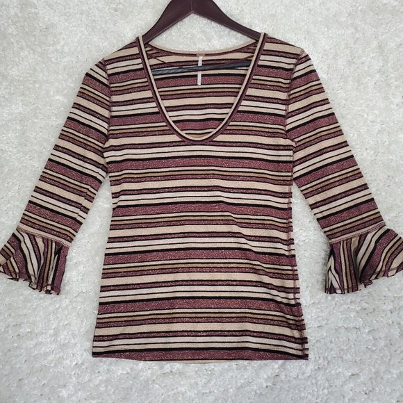 Free People Tops - Free People Shirt Womens Medium Surprise Party Brown Striped Sparkle Bell Sleeve